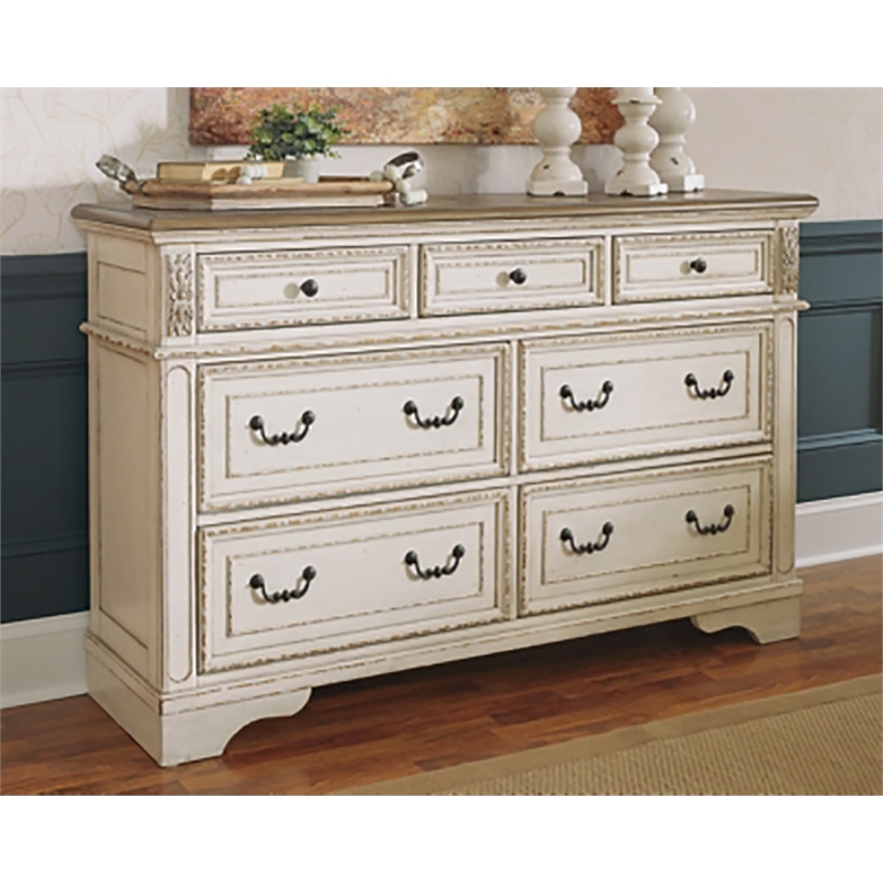 Bowery Hill Contemporary 7-Drawer Dresser in Chipped White and Brown