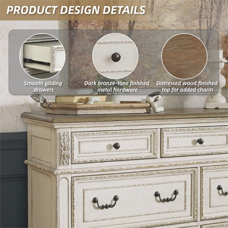 Bowery Hill Contemporary 7-Drawer Dresser in Chipped White and Brown