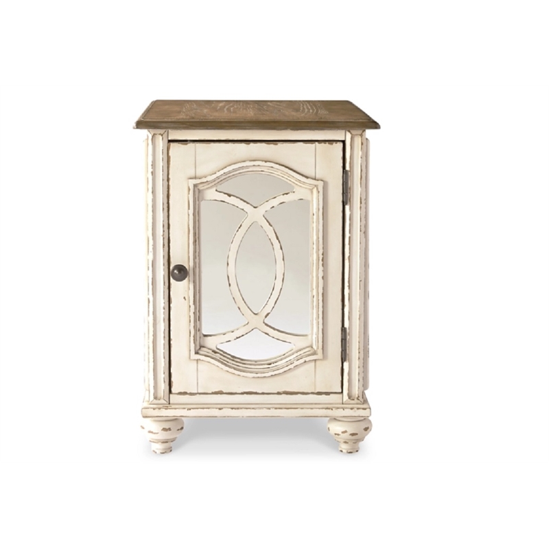 Bowery Hill Traditional Mirrored Storage End Table in Chipped White/Brown