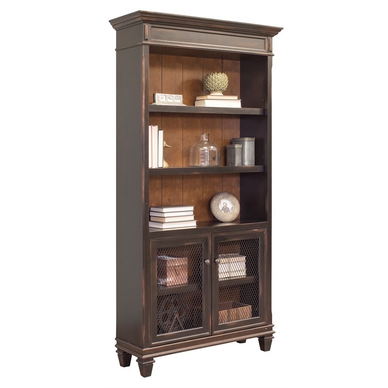 Bowery Hill Wood Bookcase With Doors Storage Cabinet Office Shelves in Black