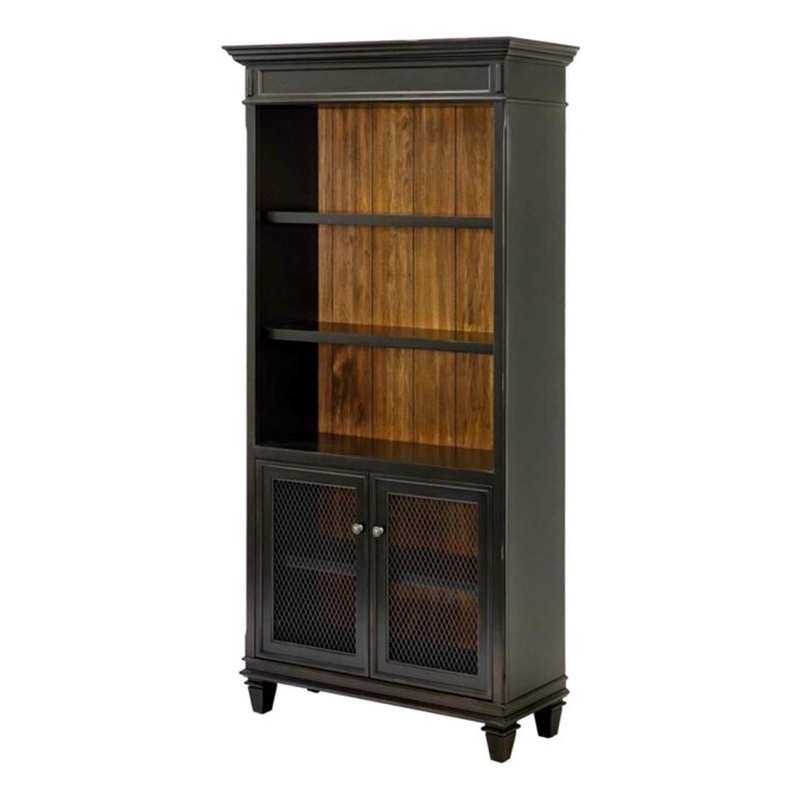Bowery Hill Wood Bookcase With Doors Storage Cabinet Office Shelves in Black