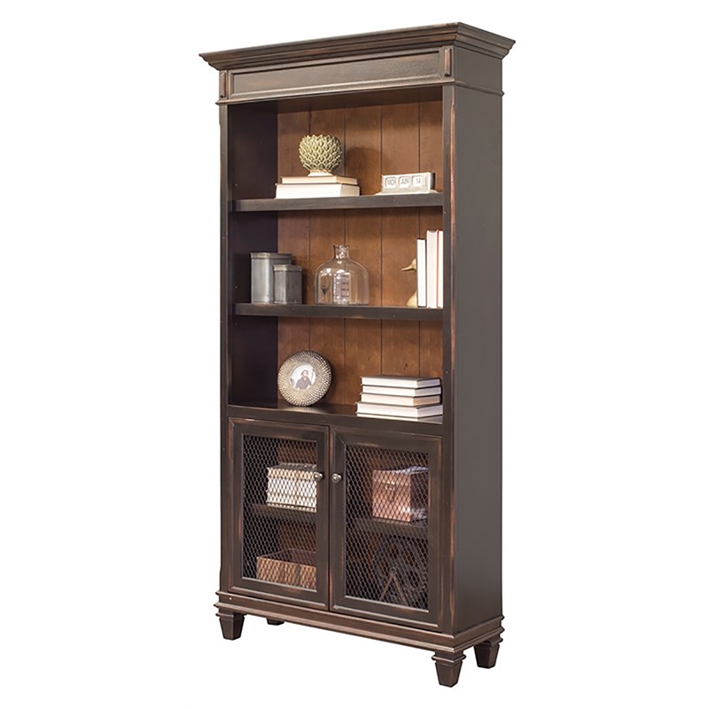 Bowery Hill Wood Bookcase With Doors Storage Cabinet Office Shelves in Black