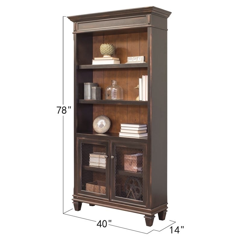 Bowery Hill Wood Bookcase With Doors Storage Cabinet Office Shelves in Black