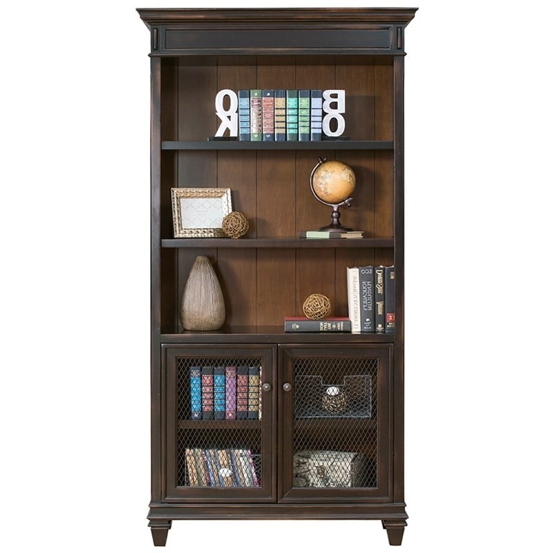 Bowery Hill Wood Bookcase With Doors Storage Cabinet Office Shelves in Black