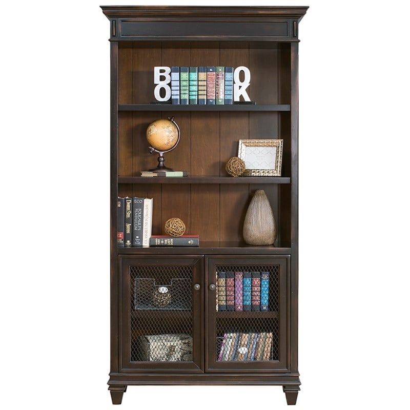 Bowery Hill Wood Bookcase With Doors Storage Cabinet Office Shelves in Black