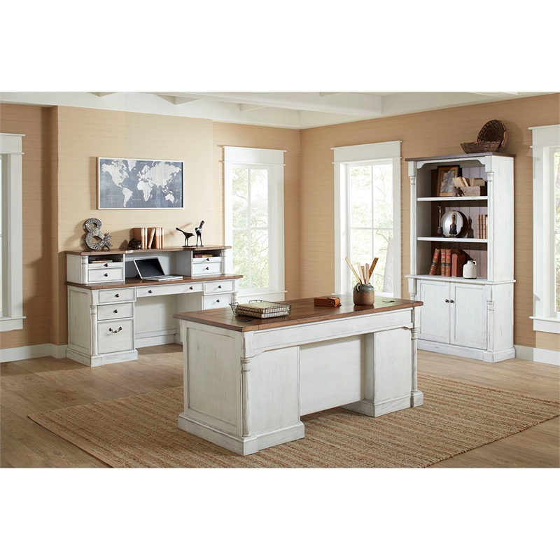Bowery Hill Rustic Wood Double Pedestal Executive Office Table in White