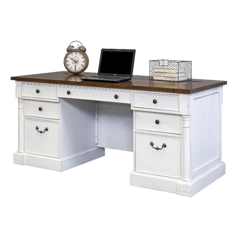 Bowery Hill Rustic Wood Double Pedestal Executive Office Table in White