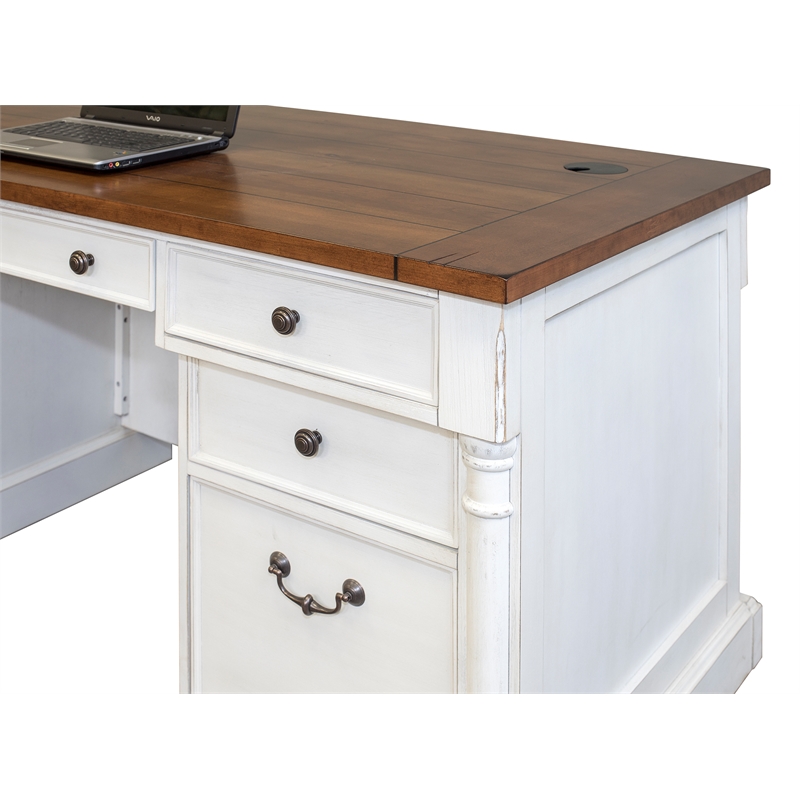 Bowery Hill Rustic Wood Double Pedestal Executive Office Table in White