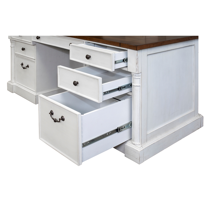 Bowery Hill Rustic Wood Double Pedestal Executive Office Table in White
