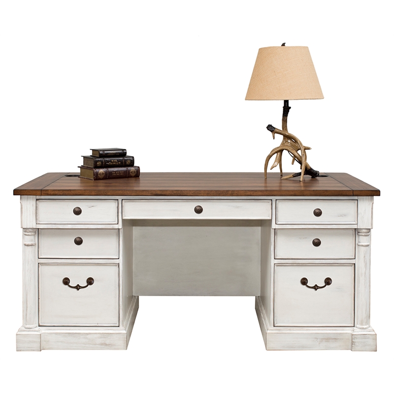 Bowery Hill Rustic Wood Double Pedestal Executive Office Table in White