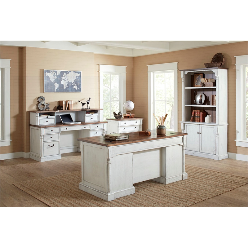 Bowery Hill Rustic Wood Double Pedestal Executive Office Table in White