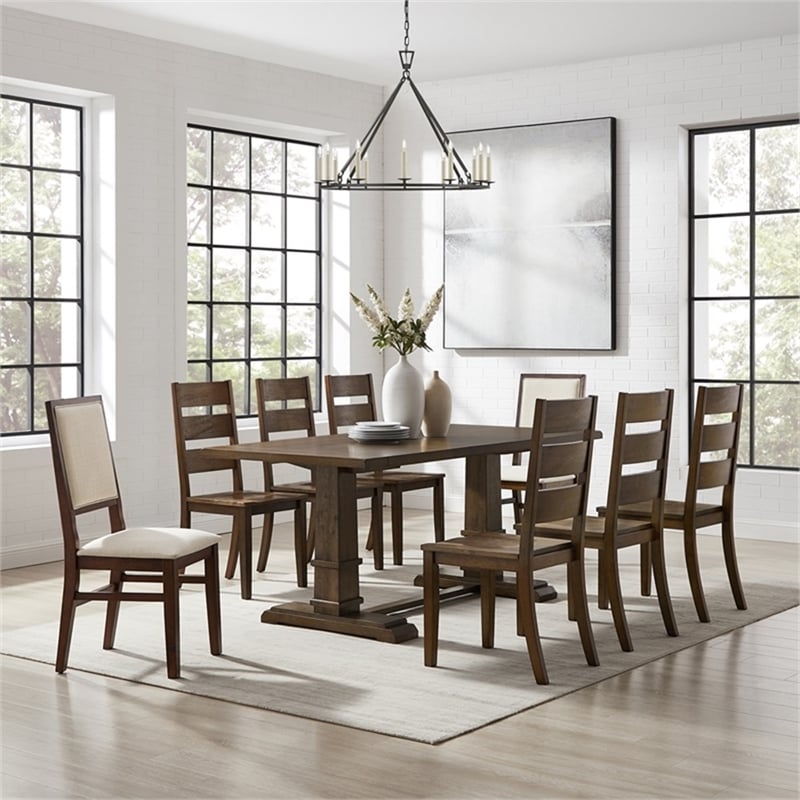 Bowery Hill 9-Piece Dining Table Set in Dark Oak/Creme