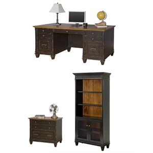 Bowery Hill Set of 3 Double Pedestal Desk & Bookcase with Doors & Filing Cabinet