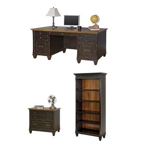 Bowery Hill Set of 3 Double Pedestal Office Desk and Bookcase and Filing Cabinet