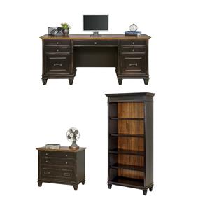 Bowery Hill Set of 3 Credenza Office Writing Desk & Bookcase & Filing Cabinet