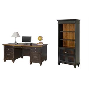 Bowery Hill Set of 2 Double Pedestal Office Desk & Bookcase with Doors