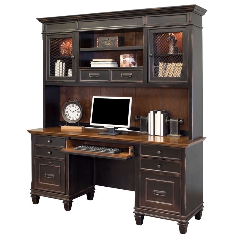 Bowery Hill Set of 2 Credenza Office Desk Writing Table & Bookcase with Doors