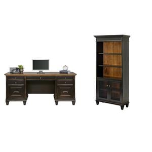 Bowery Hill Set of 2 Credenza Office Desk Writing Table & Bookcase with Doors