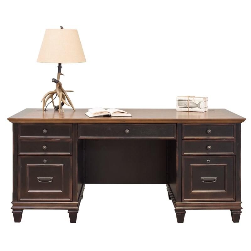Bowery Hill Set of 2 Traditional Double Pedestal Office Desk & Bookcase