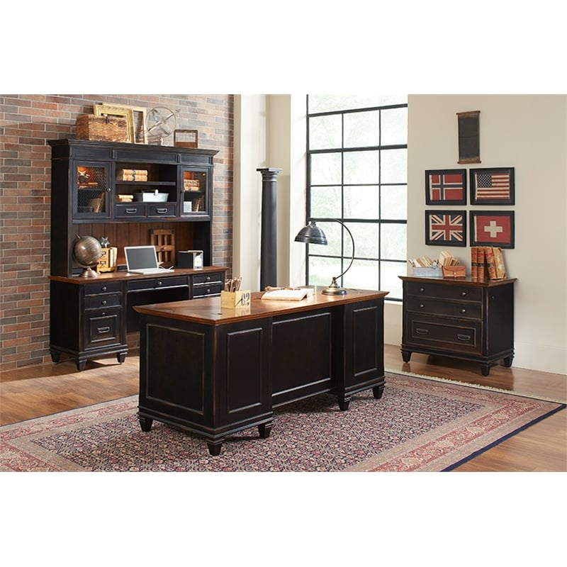 Bowery Hill Set of 2 Traditional Double Pedestal Office Desk & Bookcase
