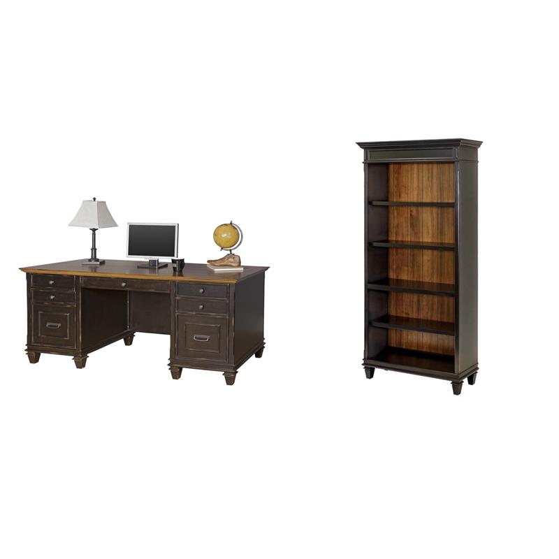 Bowery Hill Set of 2 Traditional Double Pedestal Office Desk & Bookcase