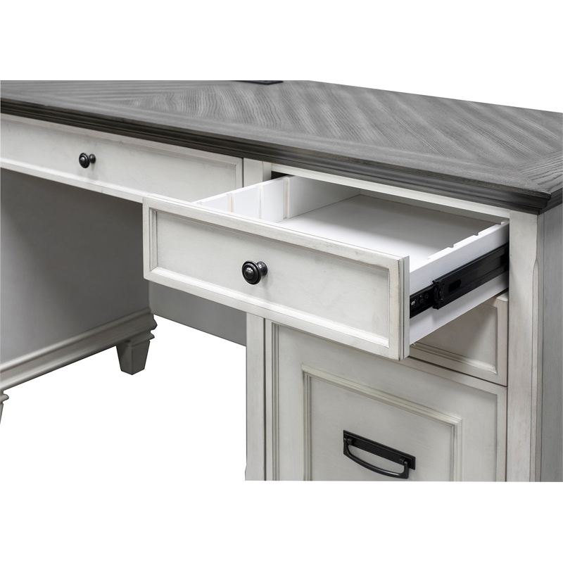Bowery Hill Set of 3 Double Pedestal Desk & Open Bookcase & File Cabinet - White