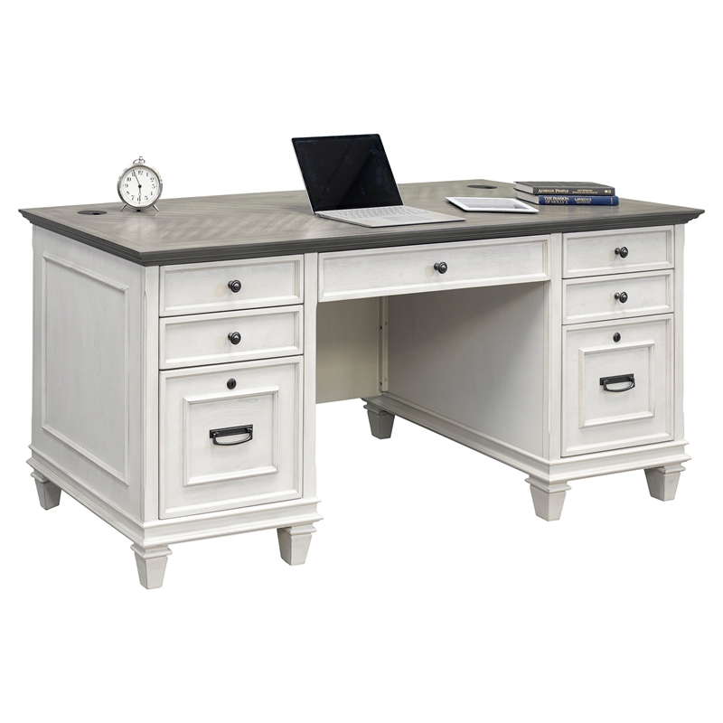 Bowery Hill Set of 3 Double Pedestal Desk & Open Bookcase & File Cabinet - White