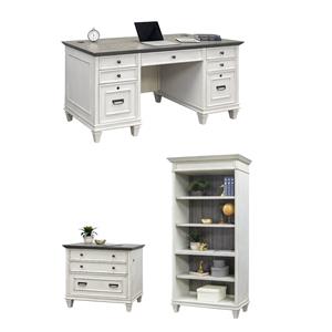 Bowery Hill Set of 3 Double Pedestal Desk & Open Bookcase & File Cabinet - White