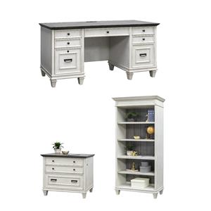 Bowery Hill Set of 3 Credenza Office Desk & Open Bookcase & File Cabinet - White