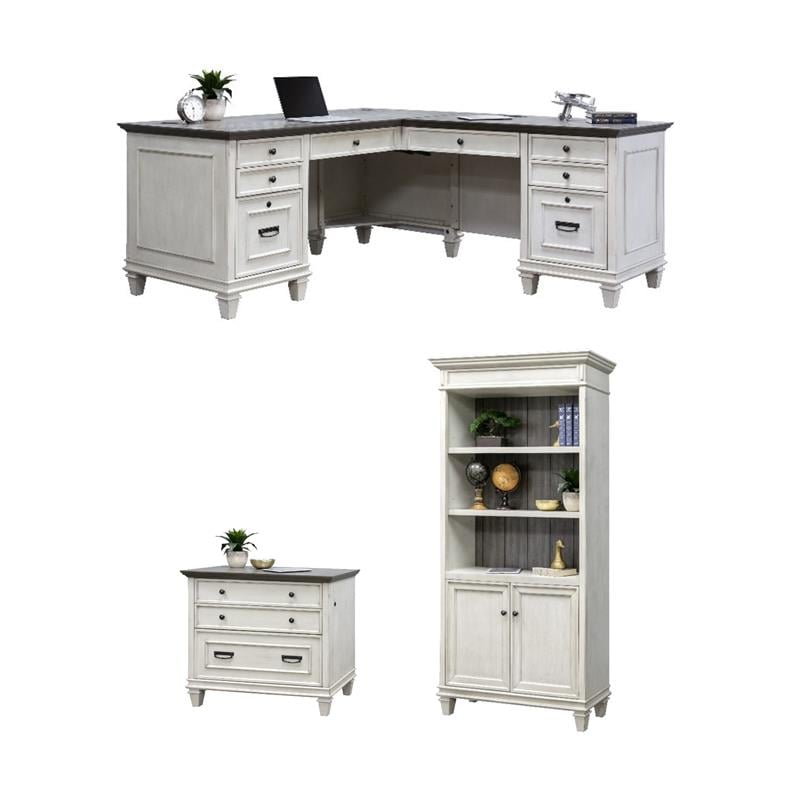 Bowery Hill Set of 3 L-Shaped Office Desk & Bookcase with Doors & File Cabinet