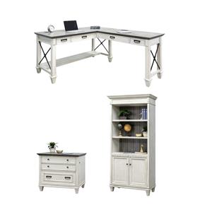 Bowery Hill Set of 3 L-Shaped Desk & Bookcase with Doors & File Cabinet in White