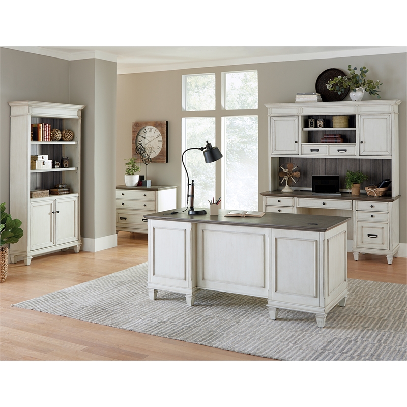 Bowery Hill Set of 3 Double Pedestal Desk & Bookcase with Doors & File Cabinet