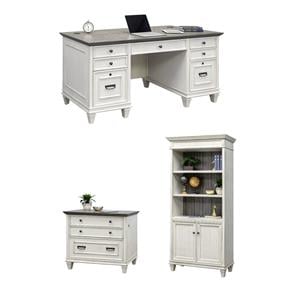 Bowery Hill Set of 3 Double Pedestal Desk & Bookcase with Doors & File Cabinet