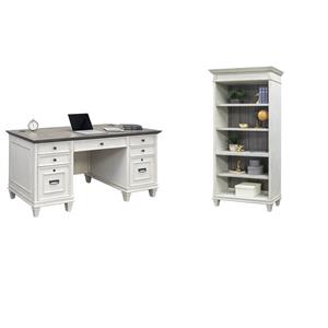 Bowery Hill Set of 2 Double Pedestal Desk and Open Bookcase in White