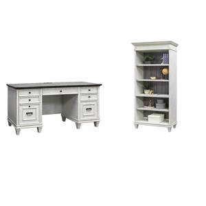 Bowery Hill Set of 2 Credenza Office Desk and Open Bookcase in White
