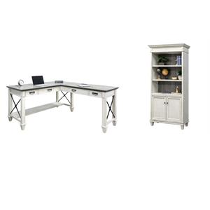 Bowery Hill Set of 2 Contemporary L-Shaped Desk and Bookcase with Doors in White