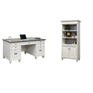 Bowery Hill Set of 2 Double Pedestal Desk and Bookcase with Doors in White