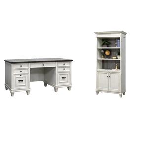 Bowery Hill Set of 2 Credenza Office Desk and Bookcase with Doors in White