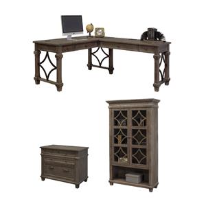 Bowery Hill 3Pc Set L-Desk Office Desk & Glass Display Bookcase & Filing Cabinet