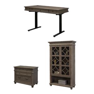 Bowery Hill Set of 3 Sit/Stand Desk & Glass Display Bookcase & Filing Cabinet