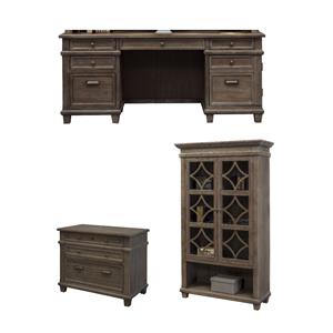 Bowery Hill Set of 3 Credenza Desk & Glass Display Bookcase & Filing Cabinet