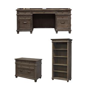 Bowery Hill Set of 3 Credenza Office Desk & Open Bookcase & Filing Cabinet