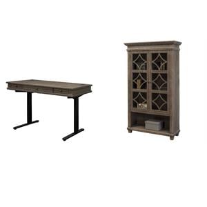 Bowery Hill Set of 2 Electronic Sit/Stand Desk and Glass Display Bookcase - Gray