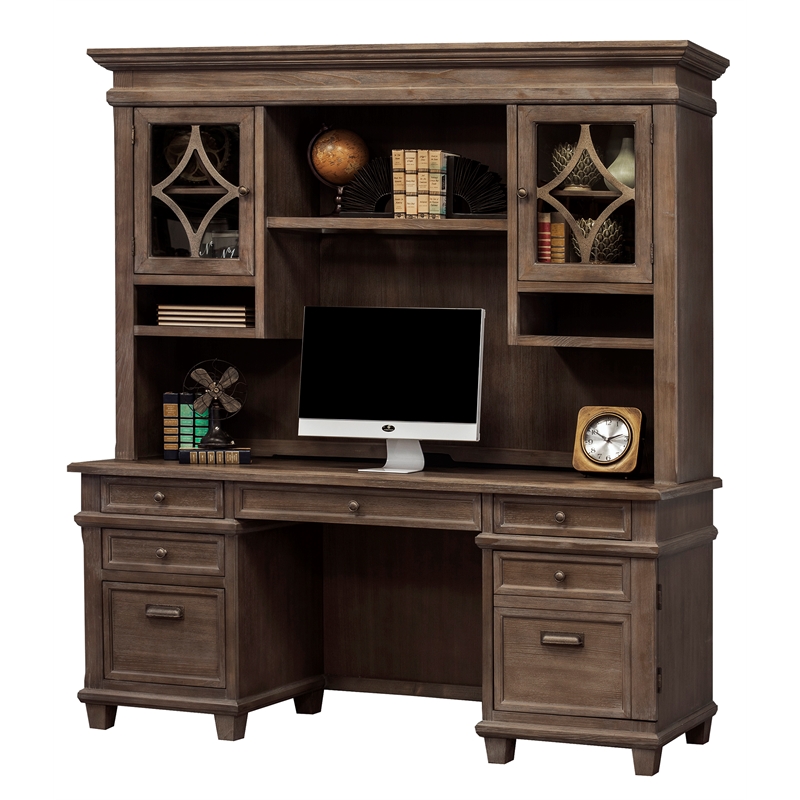 Bowery Hill Set of 2 Credenza Desk Writing Table and Glass Display Bookcase