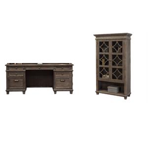 Bowery Hill Set of 2 Credenza Desk Writing Table and Glass Display Bookcase
