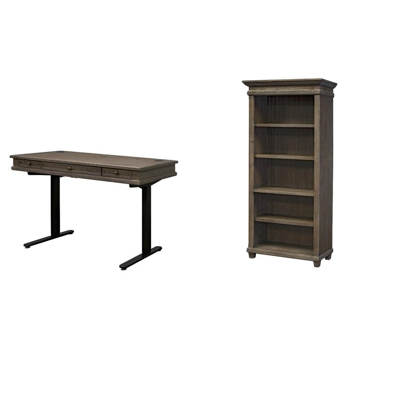 Bowery Hill Set of 2 Electronic Sit/Stand Desk and Open Bookcase in Gray