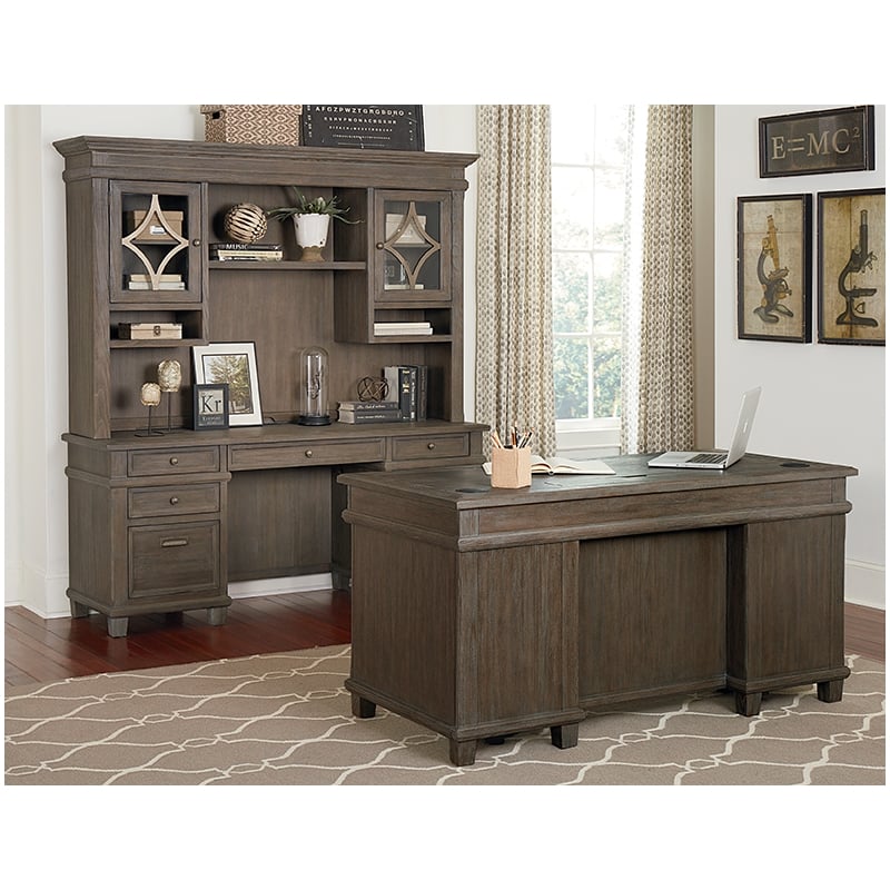 Bowery Hill Set of 2 Credenza Office Desk Writing Table and Open Bookcase - Gray