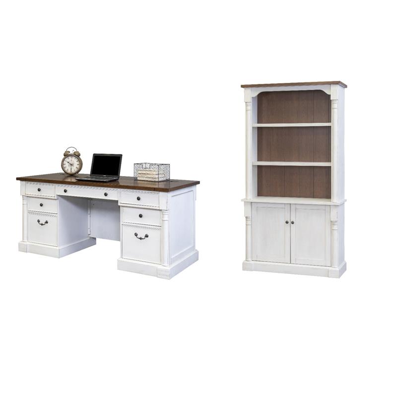 Bowery Hill Set of 2 Double Pedestal Executive Office Table and Bookcase