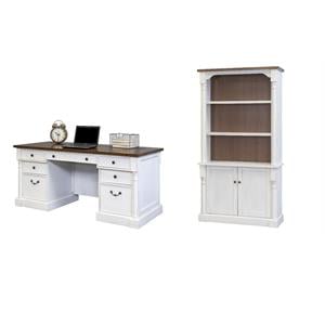 Bowery Hill Set of 2 Double Pedestal Executive Office Table and Bookcase