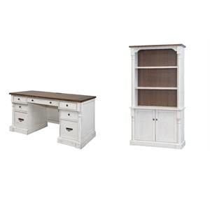 Bowery Hill Set of 2 Credenza Office Desk Writing Table and Bookcase in White